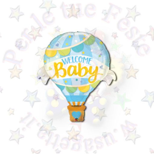 Immagine di Palloncino supershape mongolfiera Welcom Baby celeste 105cm