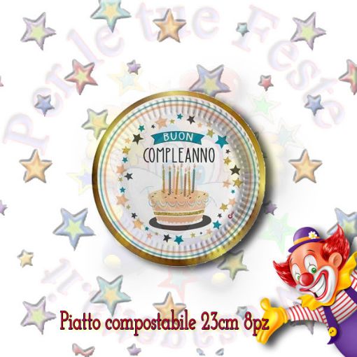 Immagine di Piatti Buon compleanno gold compostabili Ø23 8pz