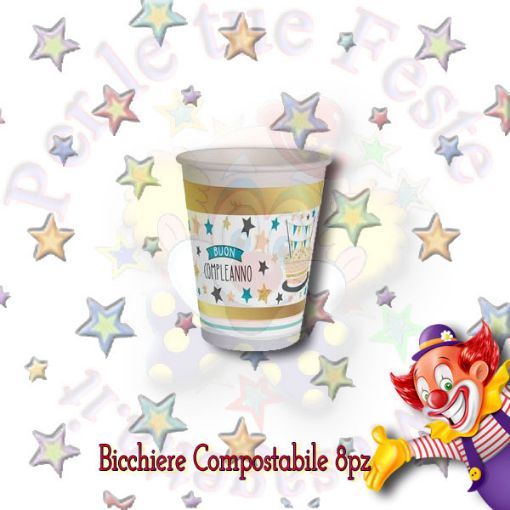 Immagine di Bicchieri Buon compleanno gold compostabili 255ml 8pz