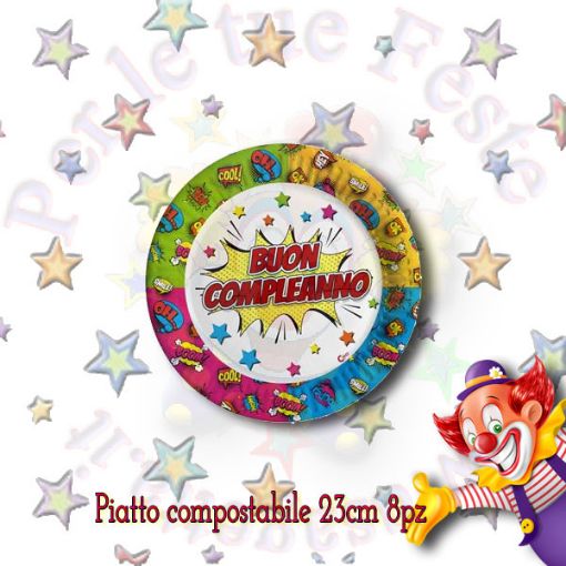 Piatti Buon compleanno compostabili Ø 23cm 8pz