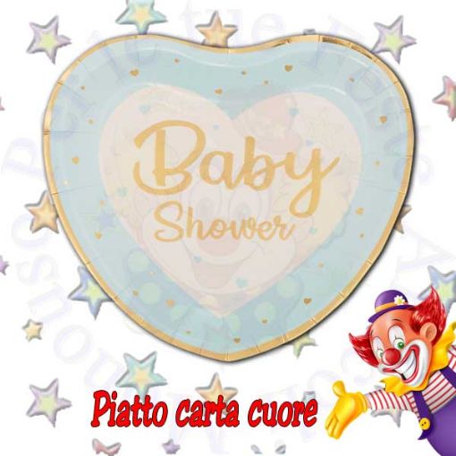 Immagine di Piatti cuore baby shower celeste/oro 8pz 8pz