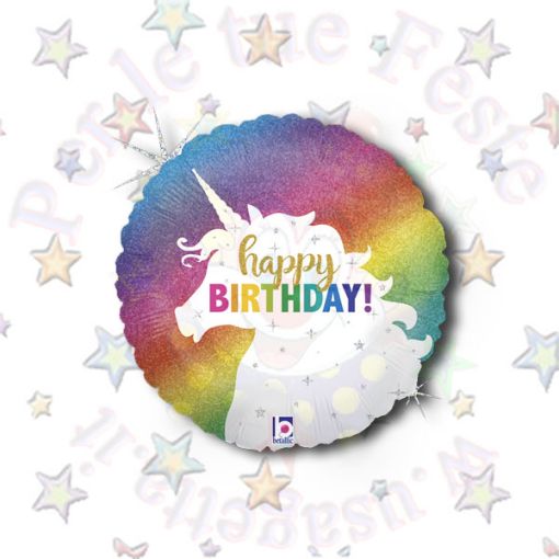 Immagine di Pallone olografico unicorno happy birthday 90cm