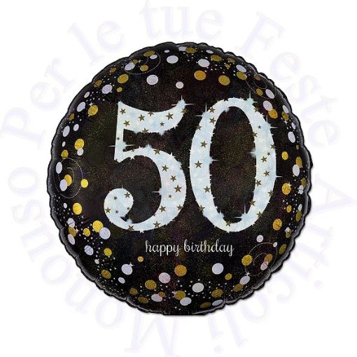 Immagine di Pallone foil 50 Happy Birthday olografico sparkling nero Ø45cm 18