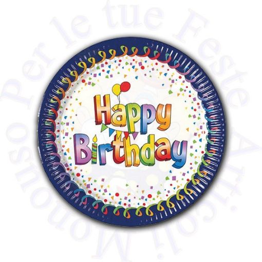 Immagine di Piatti Multicolor Happy Birthday Ø23cm carta 8pz