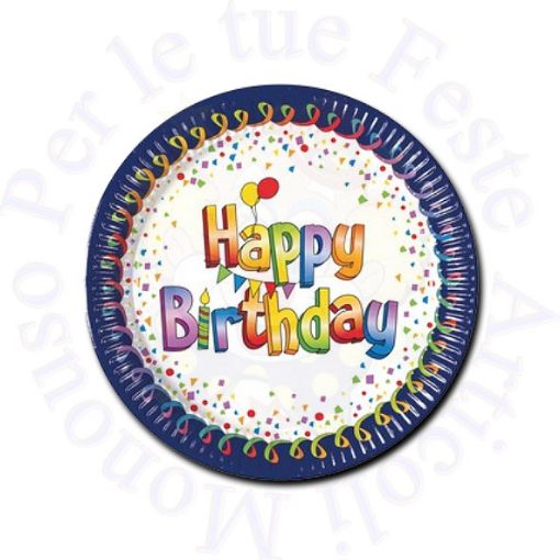 Immagine di Piatti multicolor Happy Birthday carta  Ø18,5cm 8pz