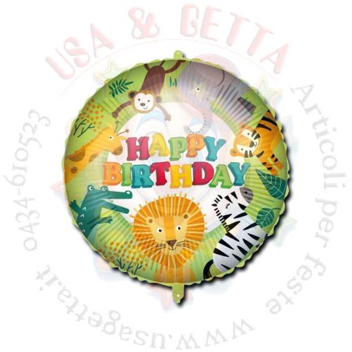 Immagine di Pallone foil Happy Birthday Jungle Ø46cm 1pz