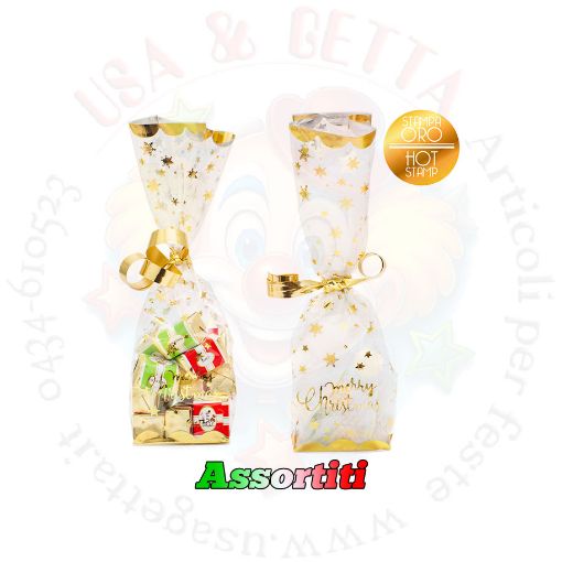 Immagine di Sacchetti plastica con decoro oro 9x6x26xm 8pz